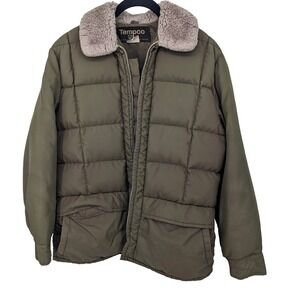 Vintage Tempco Goose Down Puffer Jacket Women 14 Green Sherpa Collar Made in USA